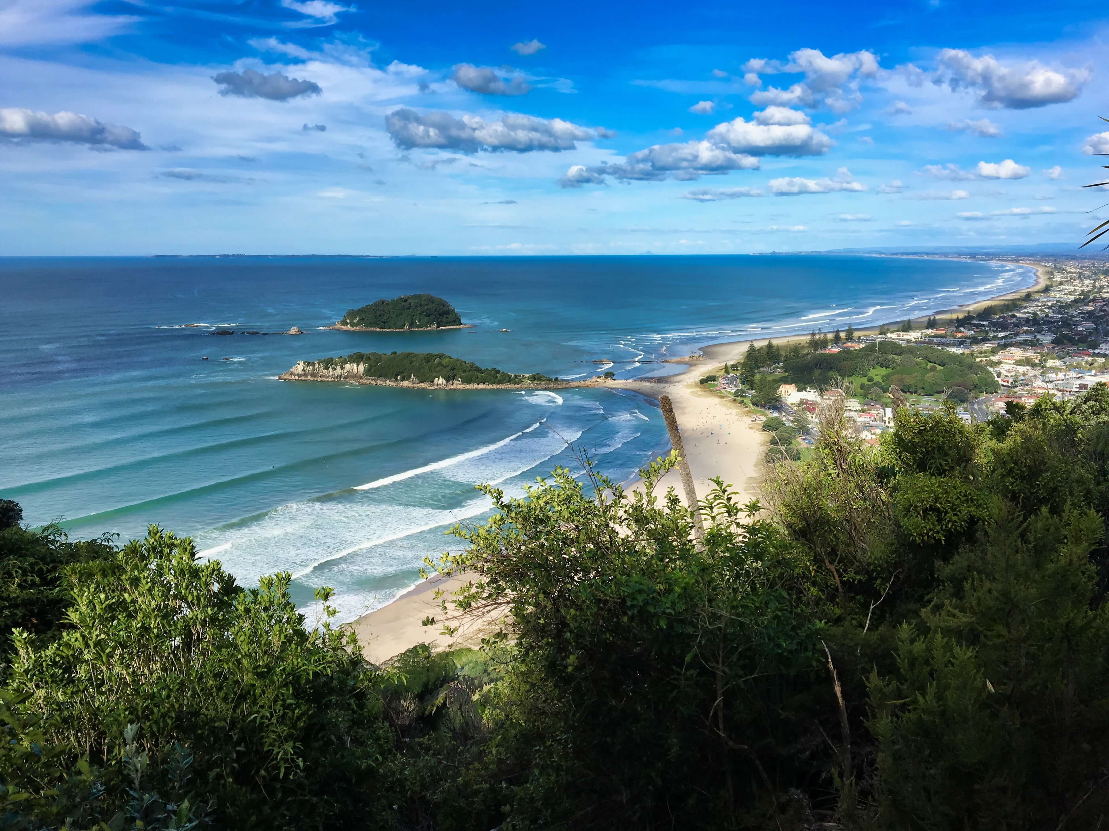 Iconic shot taken from the top of Mt Maunganui overlooking the town and main beach