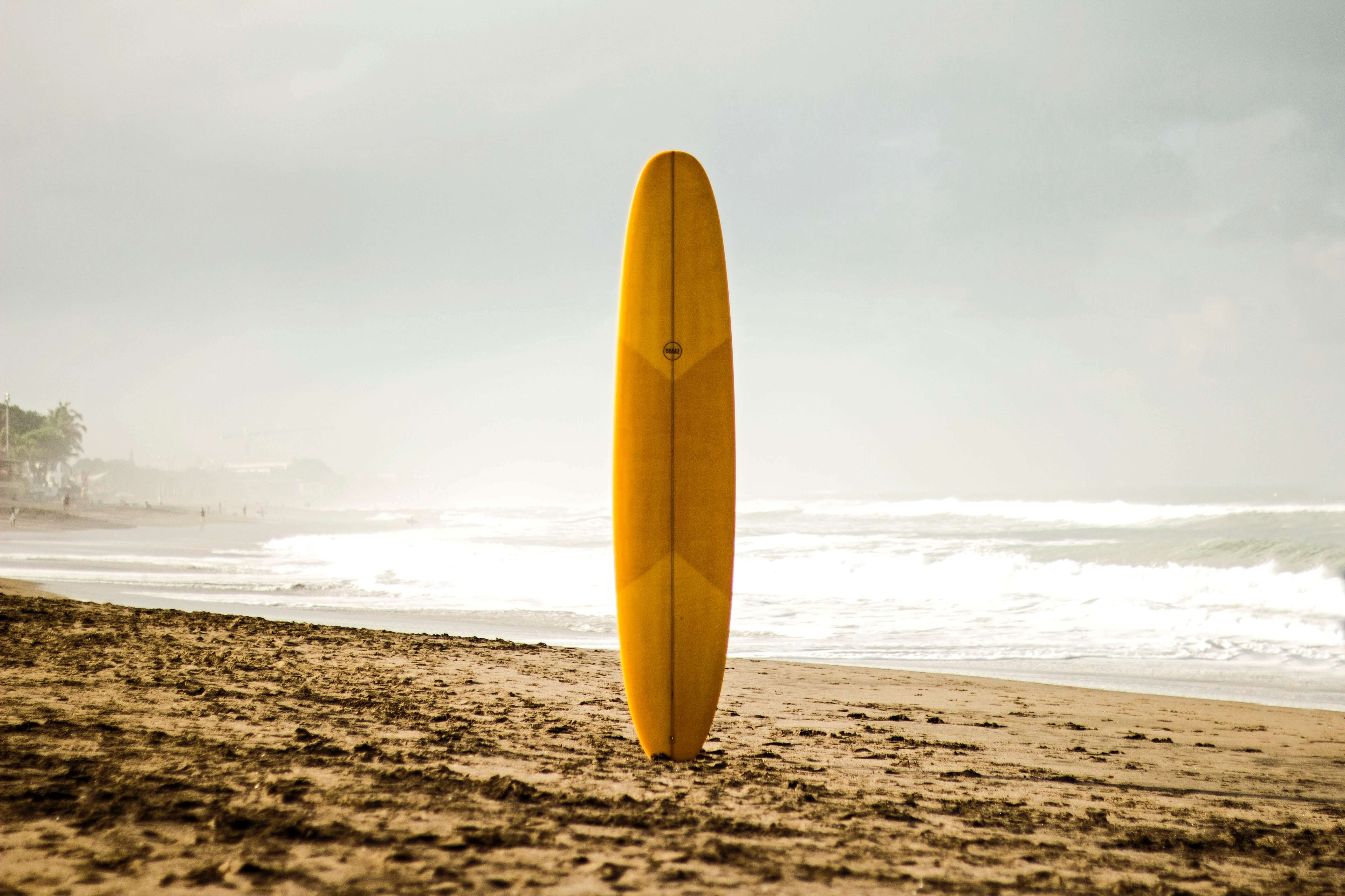 Long surfboard standing up horizontally on a beach in front of the sea